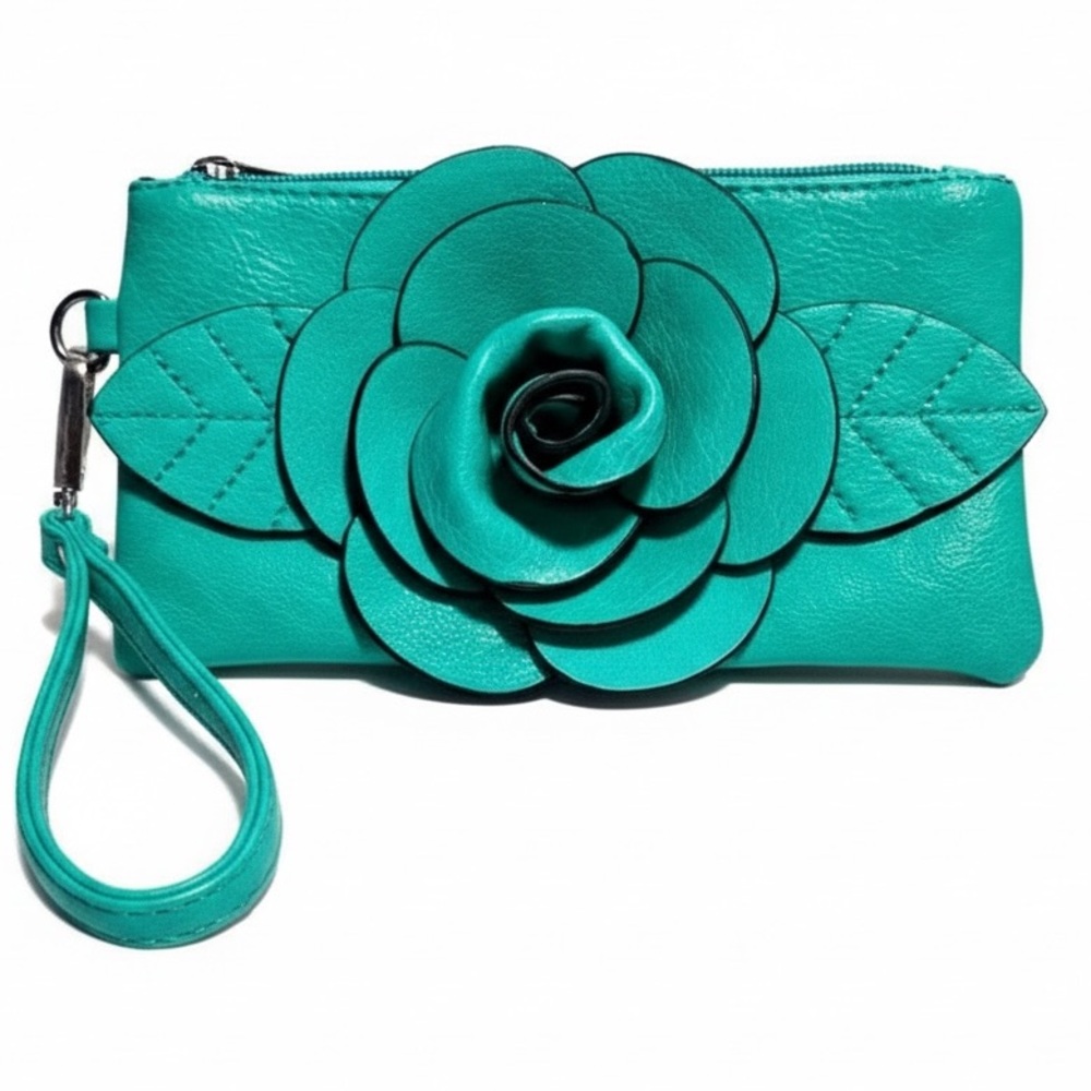 MELLOW WORLD Teal 3D Rose Wristlet, EUC - Picture 4 of 9